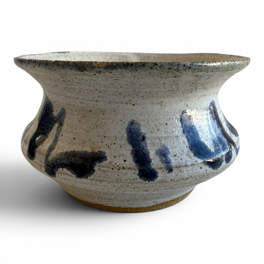 Signed SH Studio Pottery Bowl Cobalt Blue Brushwork Speckled Stoneware 4"